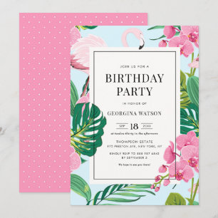 Invitación Cumpleaños tropical de flamenco rosa y orquídeas