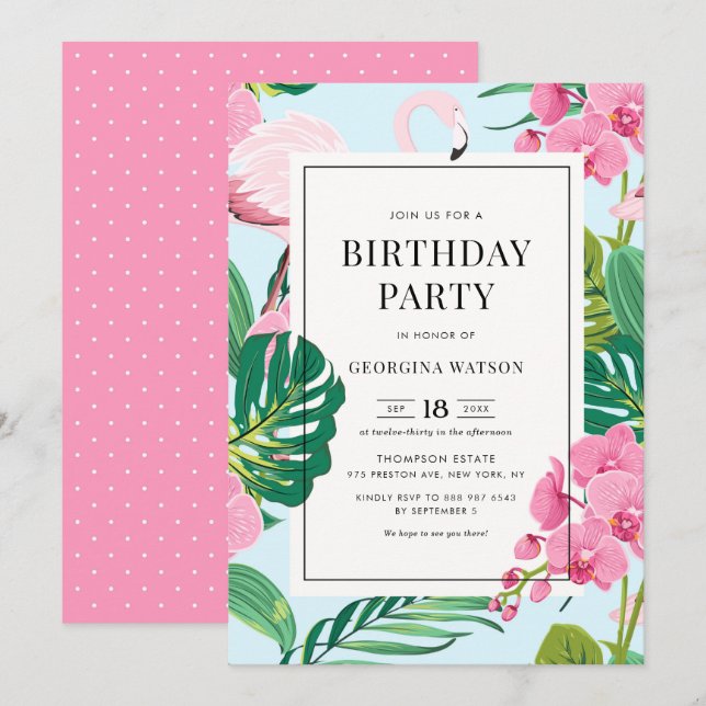 Invitación Cumpleaños tropical de flamenco rosa y orquídeas (Anverso / Reverso)
