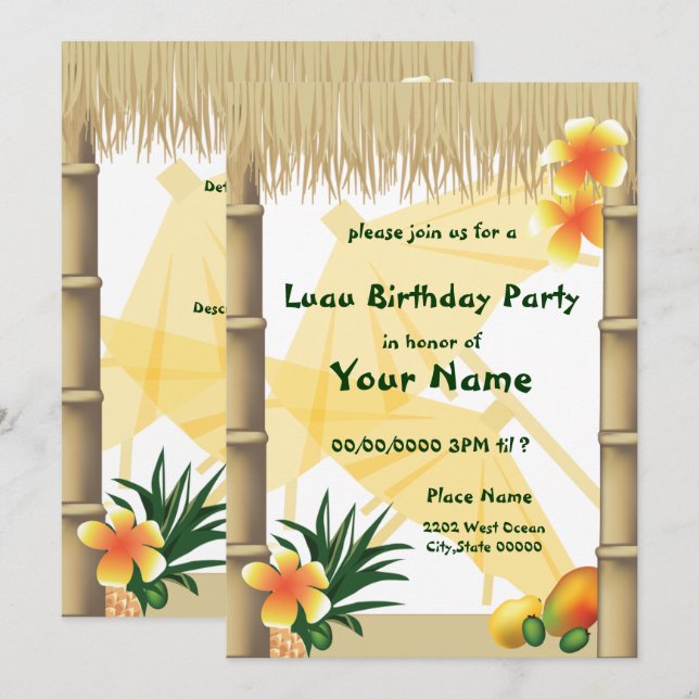 Invitación Cumpleaños tropical de la cabaña tiki de Luau hawa (Anverso / Reverso)