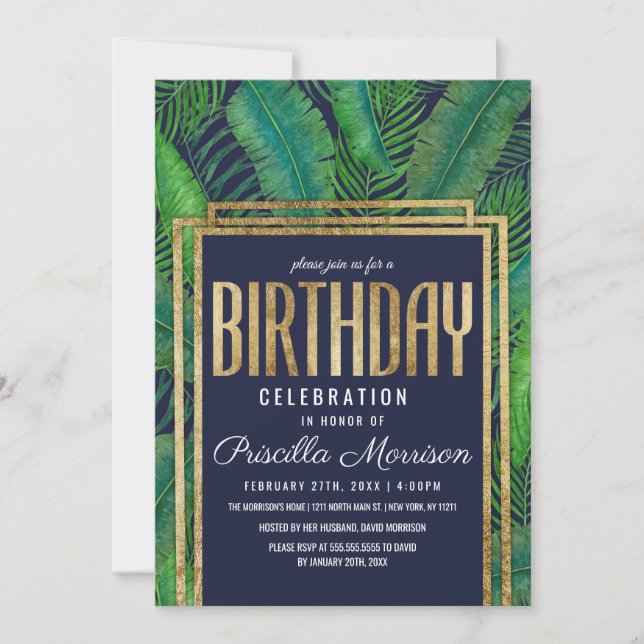 Invitación Cumpleaños tropical de los azules marinos del oro (Anverso)