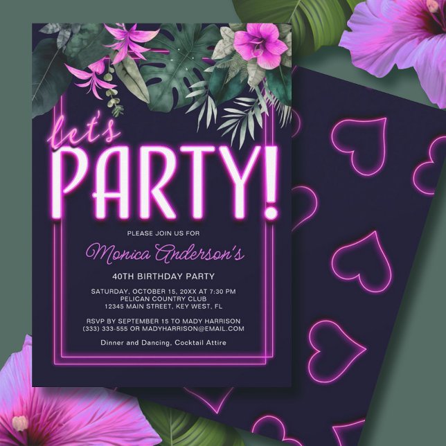 Invitación Cumpleaños tropical de Neón Rosa Eléctrico Fiesta (Let's Party Electric Pink Neon Tropical Birthday Invitation)