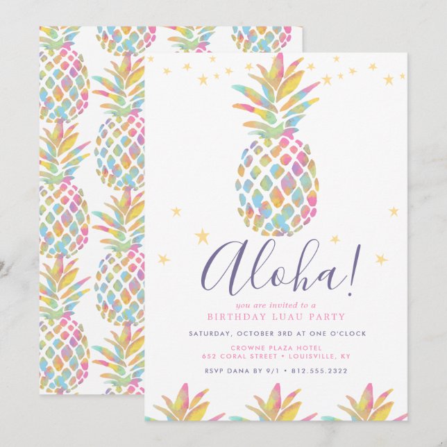 Invitación Cumpleaños Tropical de Piña Acuarela Arcoíris (Anverso / Reverso)