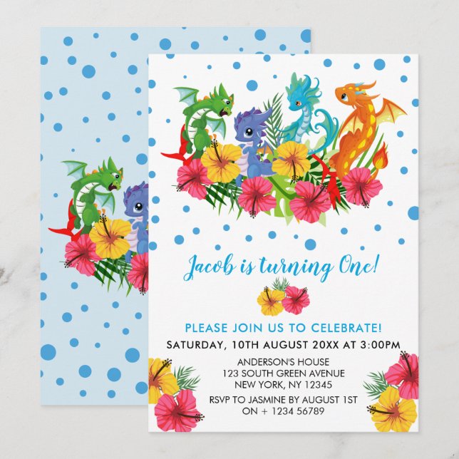 Invitación Cumpleaños tropical del dinosaurio colorido del (Anverso / Reverso)