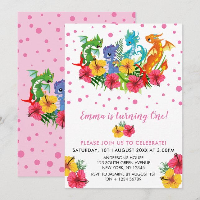 Invitación Cumpleaños tropical del dinosaurio colorido del (Anverso / Reverso)
