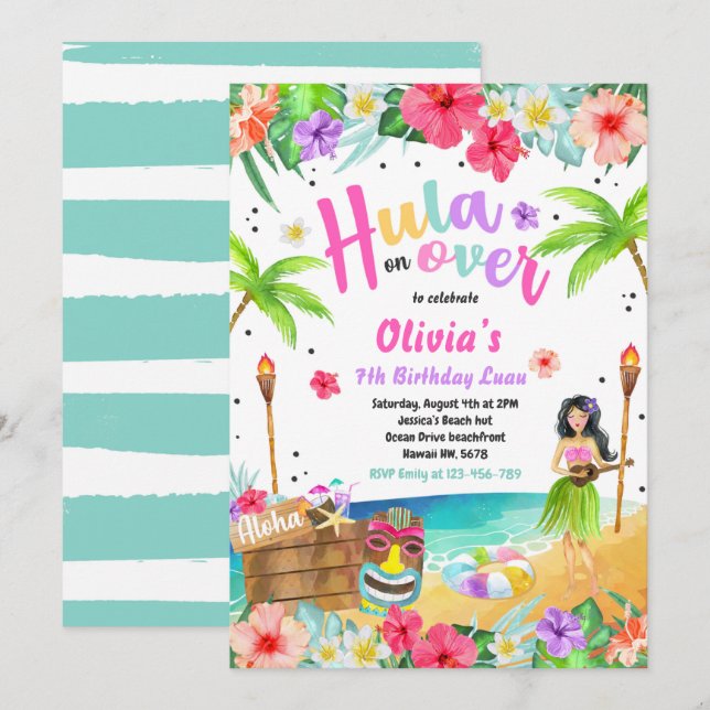 Invitación Cumpleaños Tropical del Partido Luau de Hawái (Anverso / Reverso)