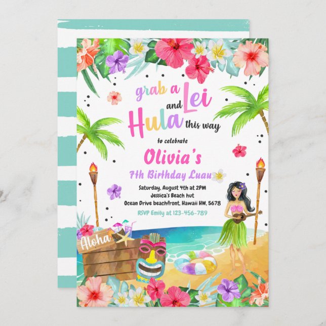 Invitación Cumpleaños Tropical del Partido Luau de Hawái (Anverso / Reverso)