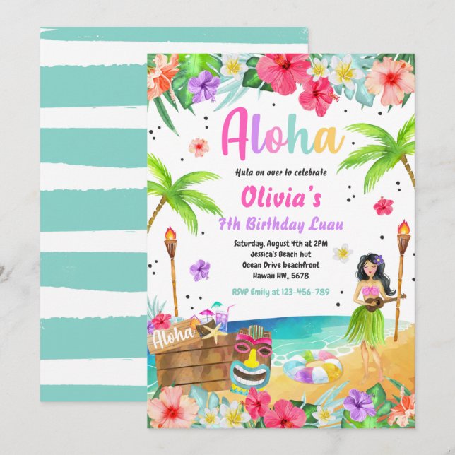 Invitación Cumpleaños Tropical del Partido Luau de Hawái (Anverso / Reverso)