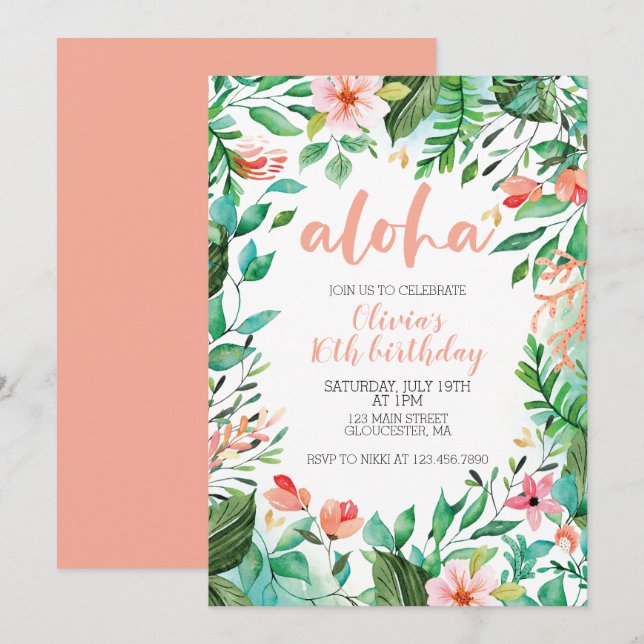 Invitación Cumpleaños Tropical Dulces 16 Aloha Luau (Anverso / Reverso)