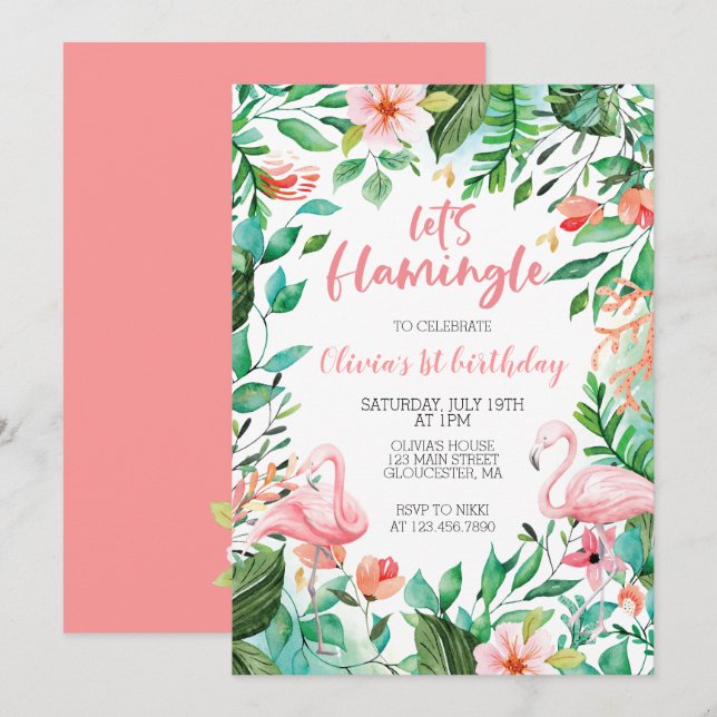 Invitación Cumpleaños tropical flamingle de flamenco (Anverso / Reverso)