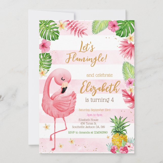 Invitación Cumpleaños Tropical Flamingo Flamingle (Anverso)