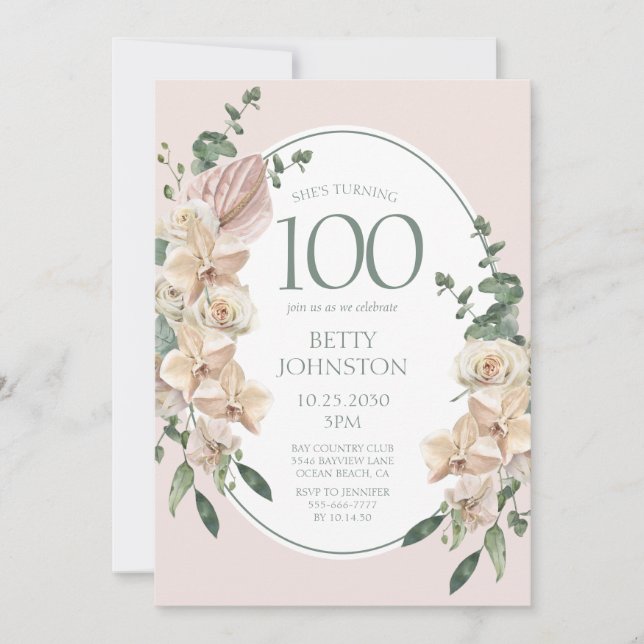 Invitación Cumpleaños Tropical Floral número 100 (Anverso)