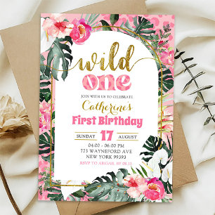 Invitación Cumpleaños tropical floral rosa Wild One primero