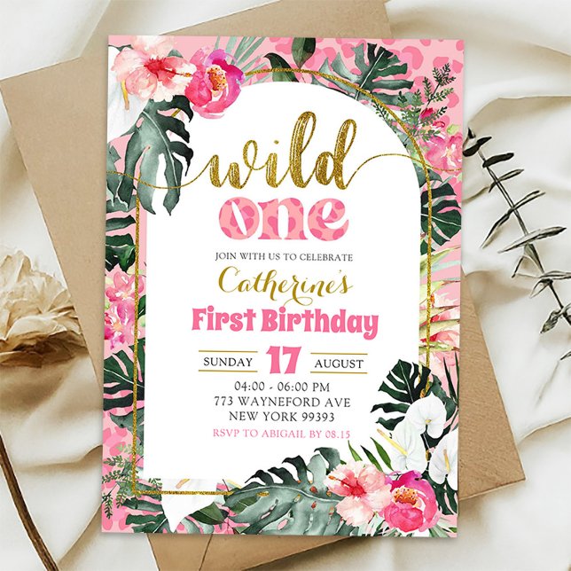 Invitación Cumpleaños tropical floral rosa Wild One primero (Subido por el creador)