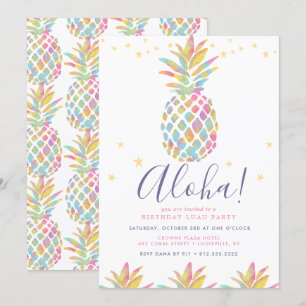 Invitación Cumpleaños Tropical Piña Acuarela Arcoíris