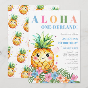 Invitación Cumpleaños Tropical Piña Aloha Onederland 1er