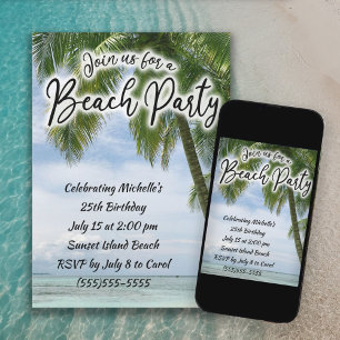 Invitación Cumpleaños Tropical Playa Océano Palmeras