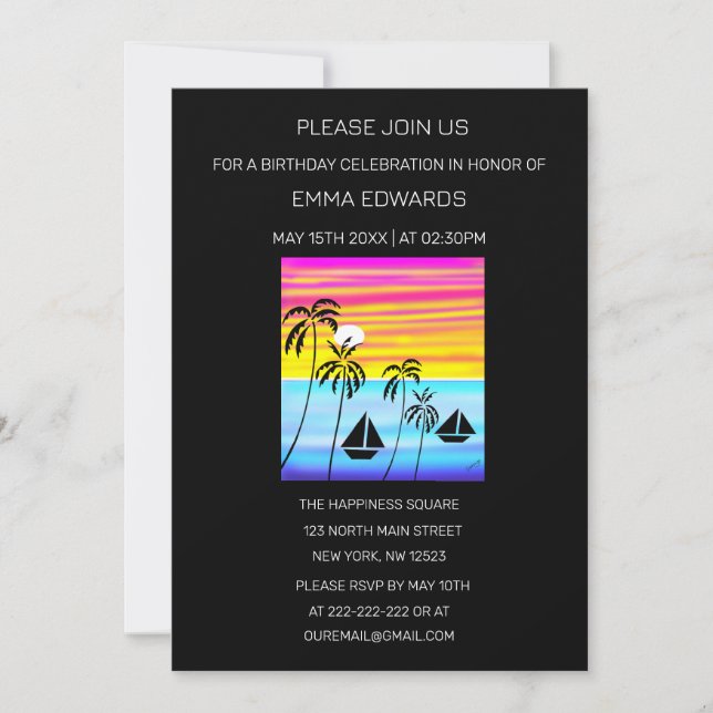 Invitación Cumpleaños Tropical Sunset (Anverso)