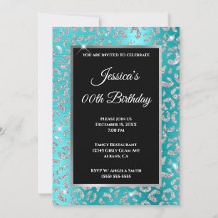 Invitación Cumpleaños Turquesa Azul Brillo Leopardo Plateado