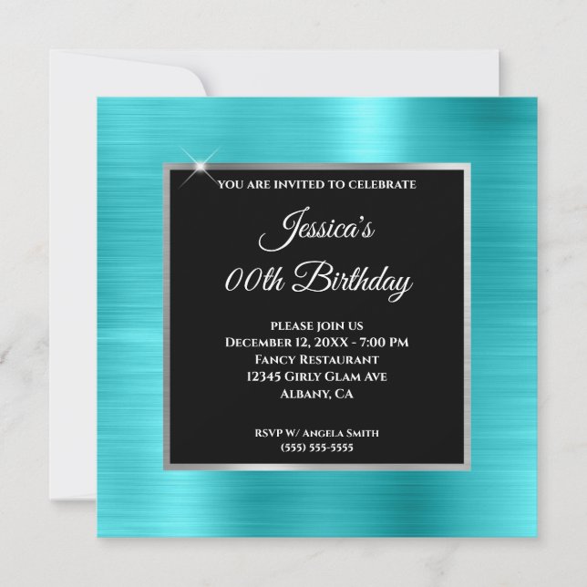 Invitación Cumpleaños Turquesa Azul Glam Plata Marco Negro (Anverso)