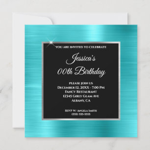 Invitación Cumpleaños Turquesa Azul Glam Plata Marco Negro