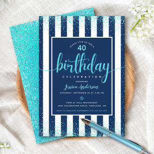 Invitación Cumpleaños turquesa brillo guión azul marino año p
