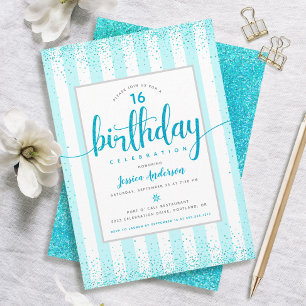 Invitación Cumpleaños turquesa brillo puntos escritura año pe