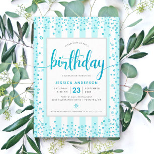 Invitación Cumpleaños turquesa moderno brillo script rayas