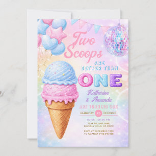 Invitación Cumpleaños Twin Glitter Pastel Arcoíris Helado