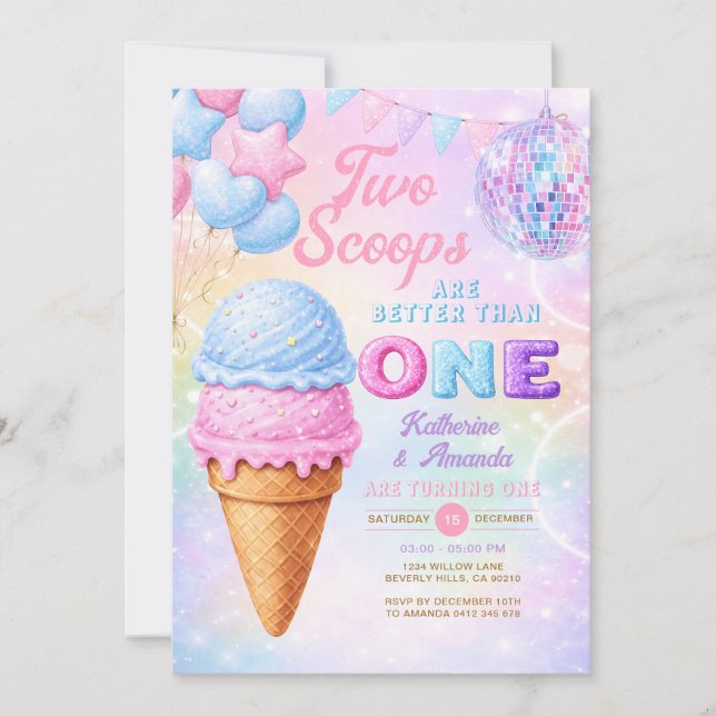 Invitación Cumpleaños Twin Glitter Pastel Arcoíris Helado (Anverso)