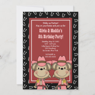 Invitación Cumpleaños TWINS Western Cowgirl Monkey 5x7