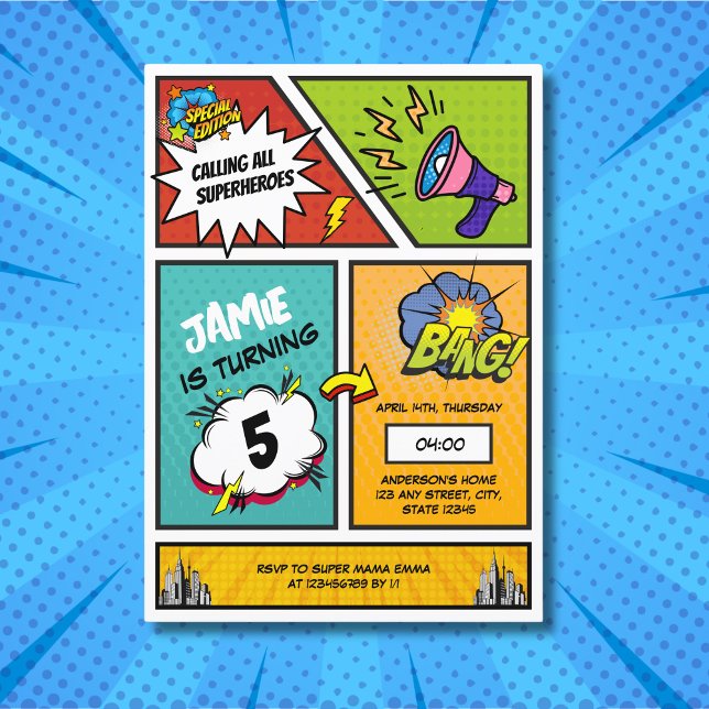 Invitación Cumpleaños único de un chico único superhéroe de h (Comic book superhero invitation birthday)