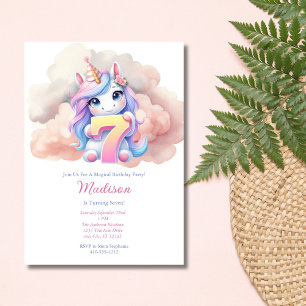Invitación Cumpleaños Unicornio 7 Séptimo Rosa Azul Purpura N