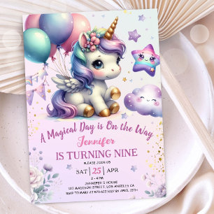 Invitación Cumpleaños Unicornio 9 años Niña Púrpur