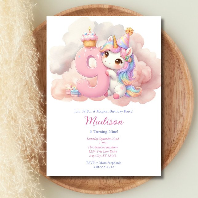 Invitación Cumpleaños Unicornio 9 Noveno Rosa Azul Morado Niñ (Unicorn Girls 9th Birthday party invitation. Printed or Instant digital download,)