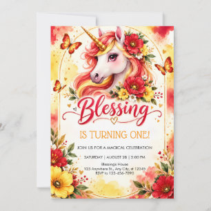Invitación Cumpleaños Unicornio Acuarela Rojo y Dorado 1