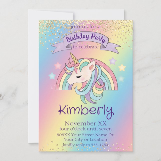 Invitación Cumpleaños Unicornio Arcoíris Brillo Dorado (Anverso)