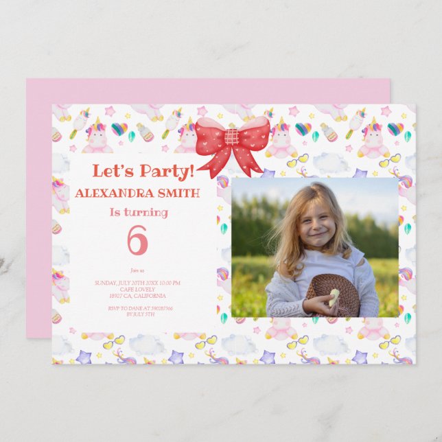 Invitación Cumpleaños unicornio con foto (Anverso / Reverso)