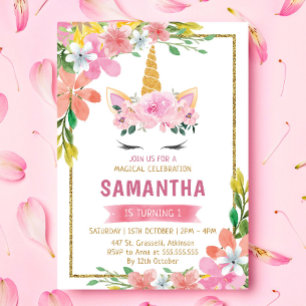 Invitación Cumpleaños Unicornio de la Fama de la Floral Rosa