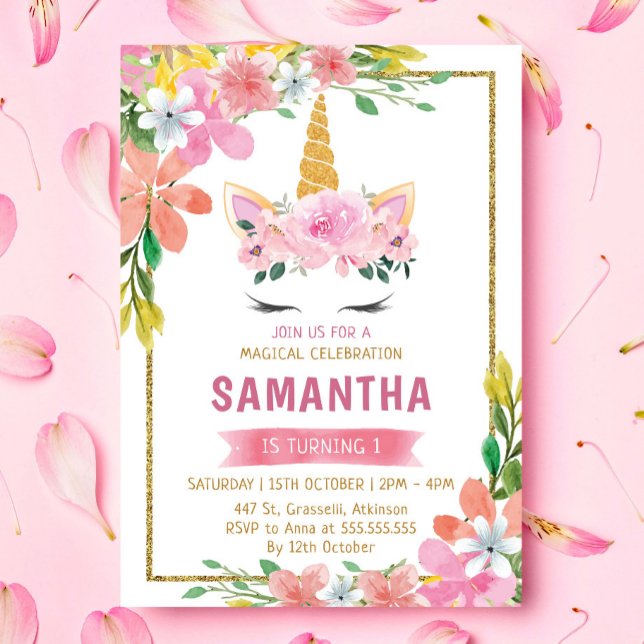 Invitación Cumpleaños Unicornio de la Fama de la Floral Rosa  (Subido por el creador)