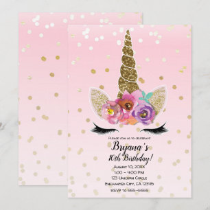 Invitación Cumpleaños Unicornio Floral de Cuernos Rosados y D