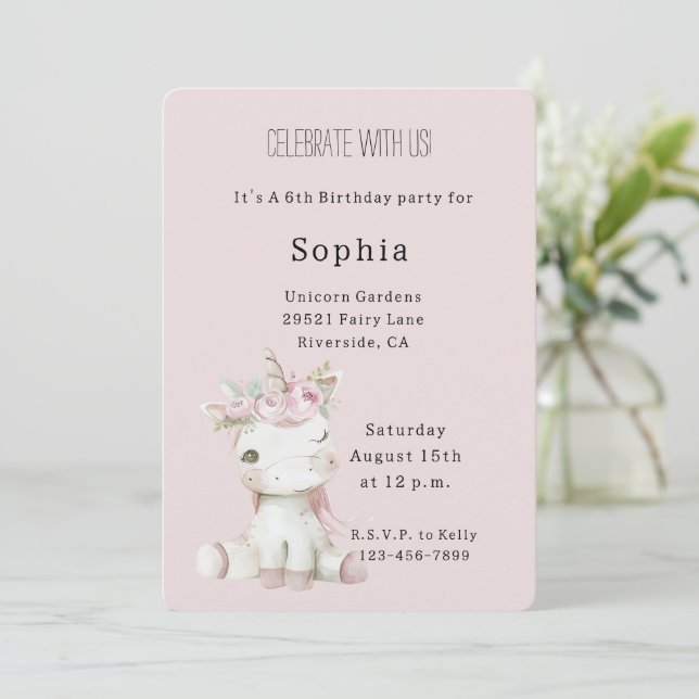 Invitación Cumpleaños Unicornio Floral Rosa Sonrojado (Anverso de pie)