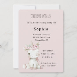 Invitación Cumpleaños Unicornio Floral Rosa Sonrojado