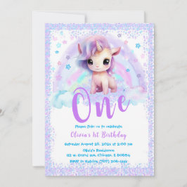 Invitación Cumpleaños Unicornio Rosa y Morado 1er año 