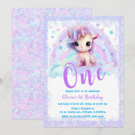 Invitación Cumpleaños Unicornio Rosa y Morado 1er año 