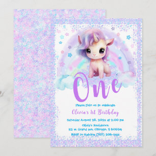 Invitación Cumpleaños Unicornio Rosa y Morado 1er año 