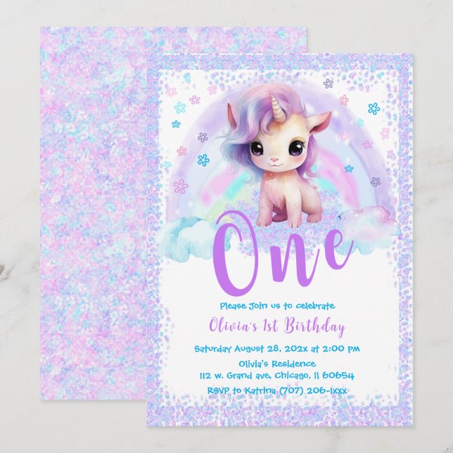 Invitación Cumpleaños Unicornio Rosa y Morado 1er año  (Anverso / Reverso)