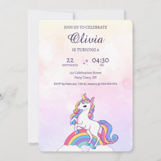 Invitación Cumpleaños Unicornio rosa y morado de color de agu