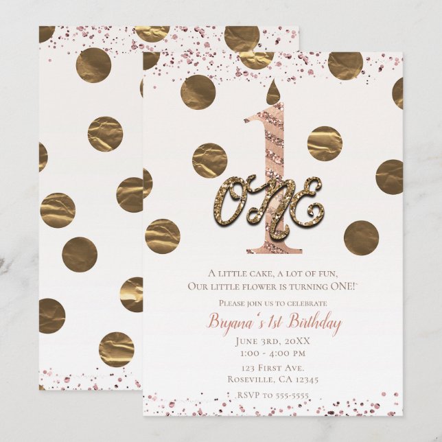 Invitación Cumpleaños UNO 1 1ro en Rosa Oro con Lunares de Br (Anverso / Reverso)