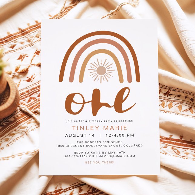 Invitación Cumpleaños uno boho terracota arcoíris sol (Subido por el creador)
