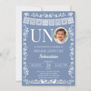 Invitación Cumpleaños UNO con Foto de Papel Picado Azul Polvo